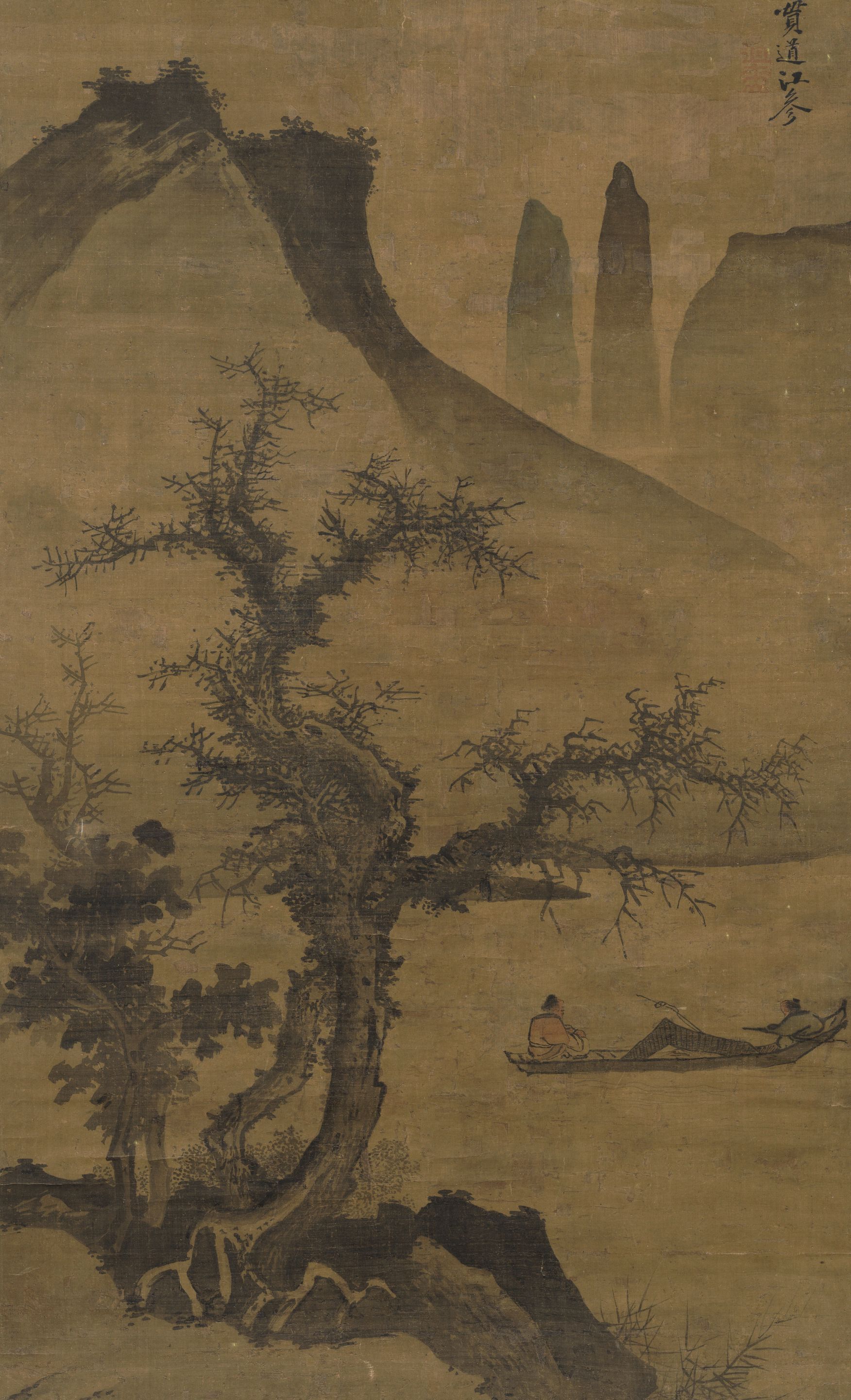 Anonymous, Landscape with a Boat on Lake, Ming dynasty — ink on silk with mountains, an old tree, and figures in a boat
