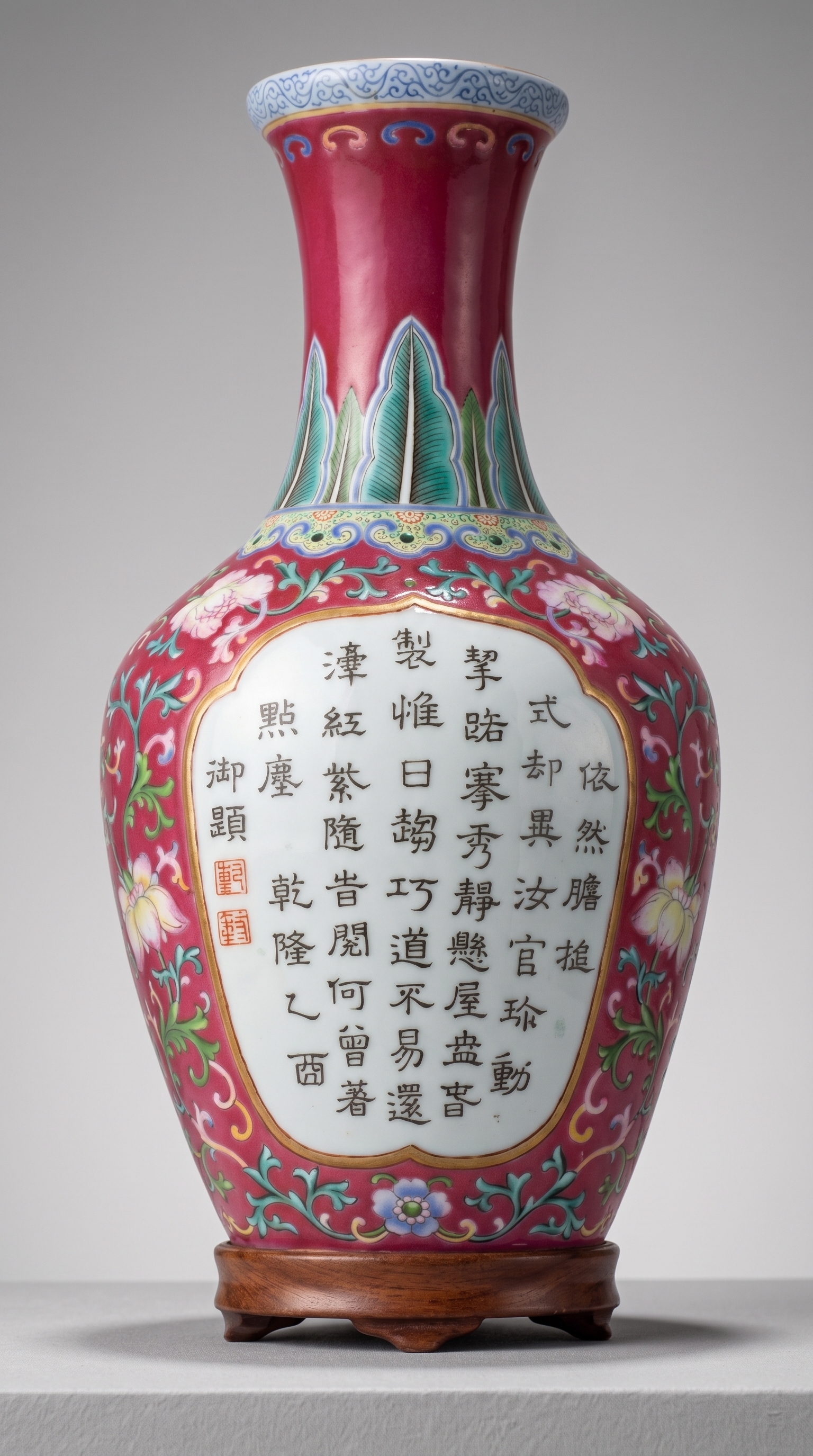 A ruby-ground famille rose ‘Imperial Poem’ wall vase with a white calligraphy cartouche, Qianlong mark
