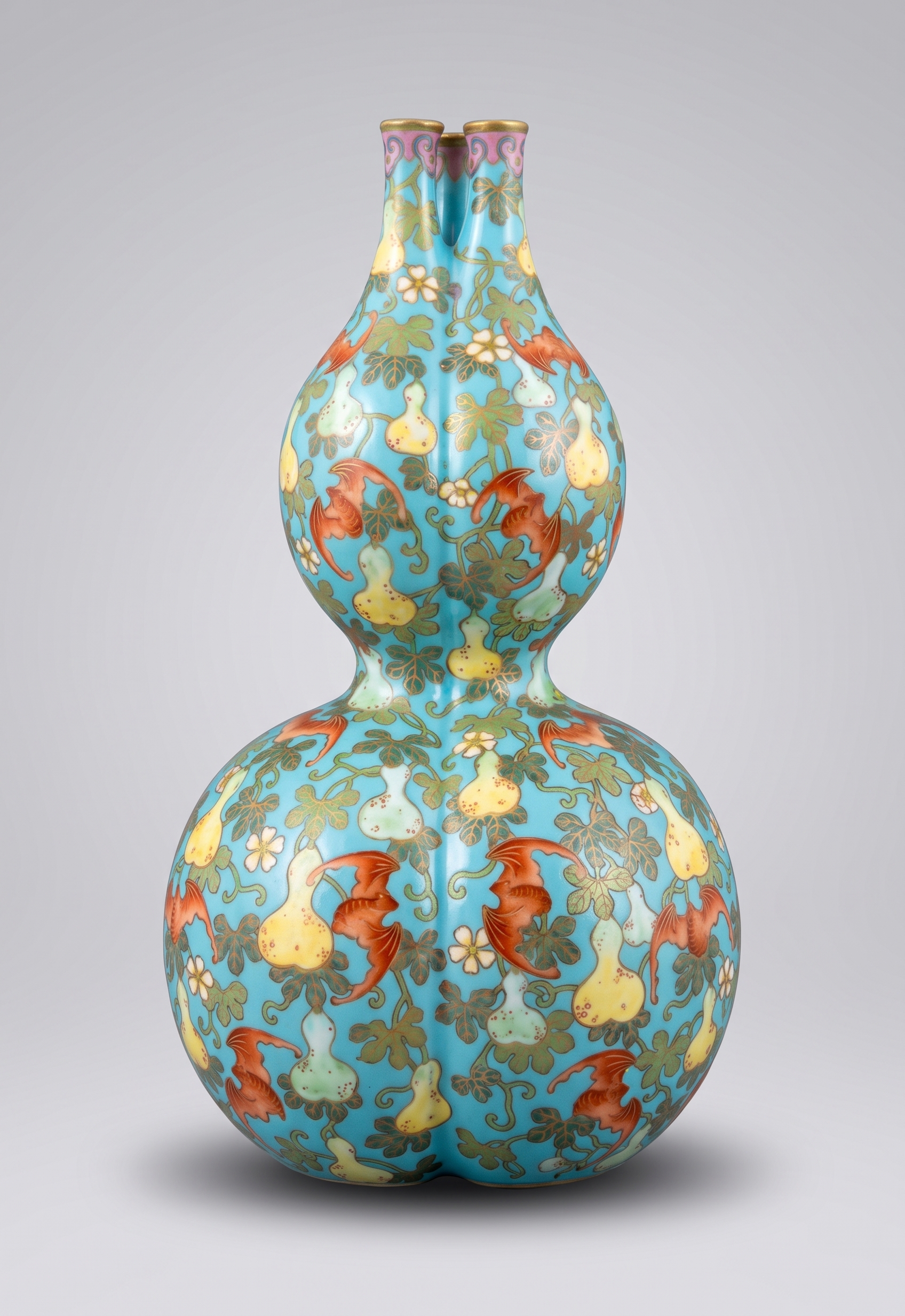 Turquoise-ground famille rose double gourd-form triple-necked vase, Qianlong period, from the Charles Soong Family Collection