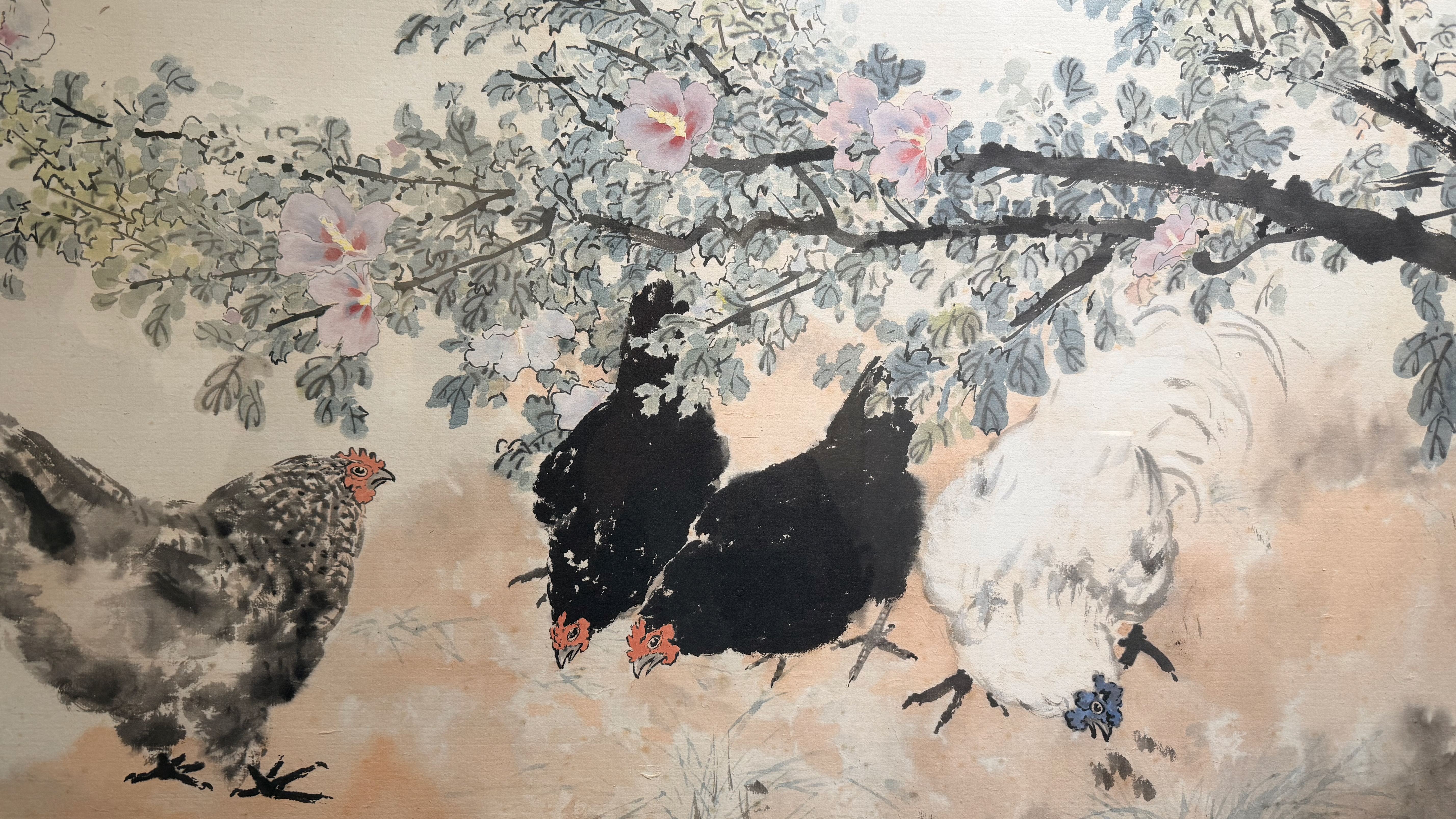 Xu Beihong, Chickens — ink and colour on paper depicting hens and a rooster beneath a flowering branch